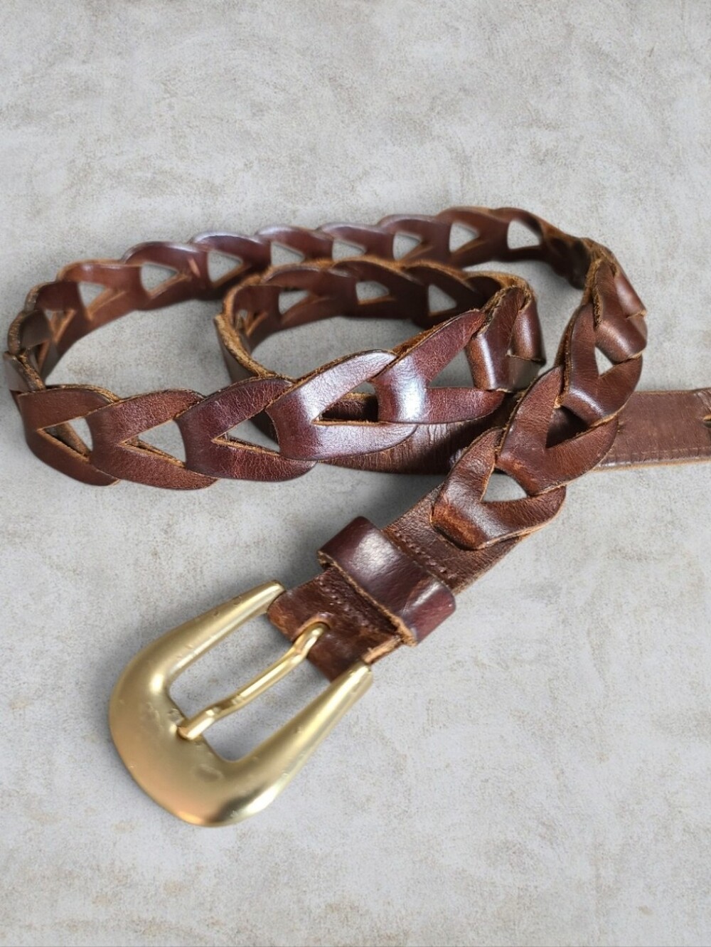 💫 Vintage Woven Interlocking Link Genuine Leather Belt - Solid Brass Buckle M